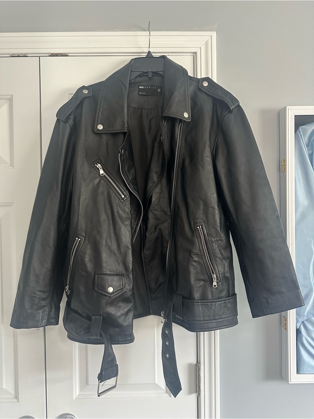 ASOS Design Black Genuine Leather Oversized Biker Moto Jacket US 8